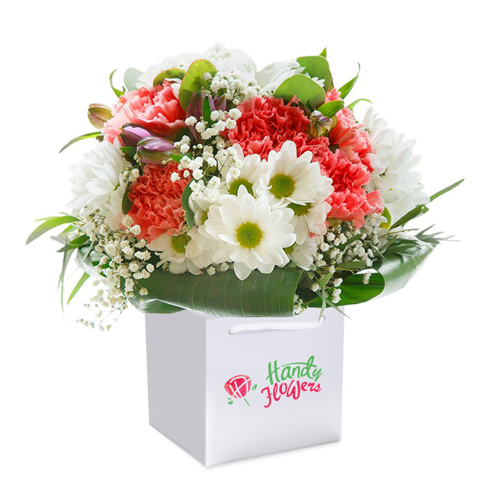 An exuberant, rounded bouquet full of life and colour is displayed upright in a crisp white gift bag, set against a pure white backdrop that makes each element pop with clarity. The standout features are lush coral, peachy-pink, and rich red carnations with their telltale ruffled, almost feathered petals reminiscent of springtime gardens near Herne Hill's Half Moon Lane. Scattered among them, luminous white daisies with vibrant yellow-green faces bring a burst of sunshine that recalls afternoons spent beside Brockwell Lido. The composition is softened by frothy baby's breath, its tiny blossoms floating gracefully like early-morning clouds. Along the left, small buds tinged with hints of purple add depth and the excitement of blooms yet to unfurl. A collar of deep, glossy green leaves sweeps around the base, wrapping the bouquet in a frame of natural elegance that mirrors the foliage lining Herne Hill's peaceful avenues. The bouquet's form is crisp and full, glowing beneath balanced light, and perfectly prepared for gifting. The white gift bag, sturdy with white ribbon handles and subtle logo, readies the bouquet for same-day delivery to birthdays, anniversaries, or any reason to bring happiness within SE24 and Dulwich. Artistic in execution and warm in spirit, every aspect reflects the heart and pride of Herne Hill's flower community.