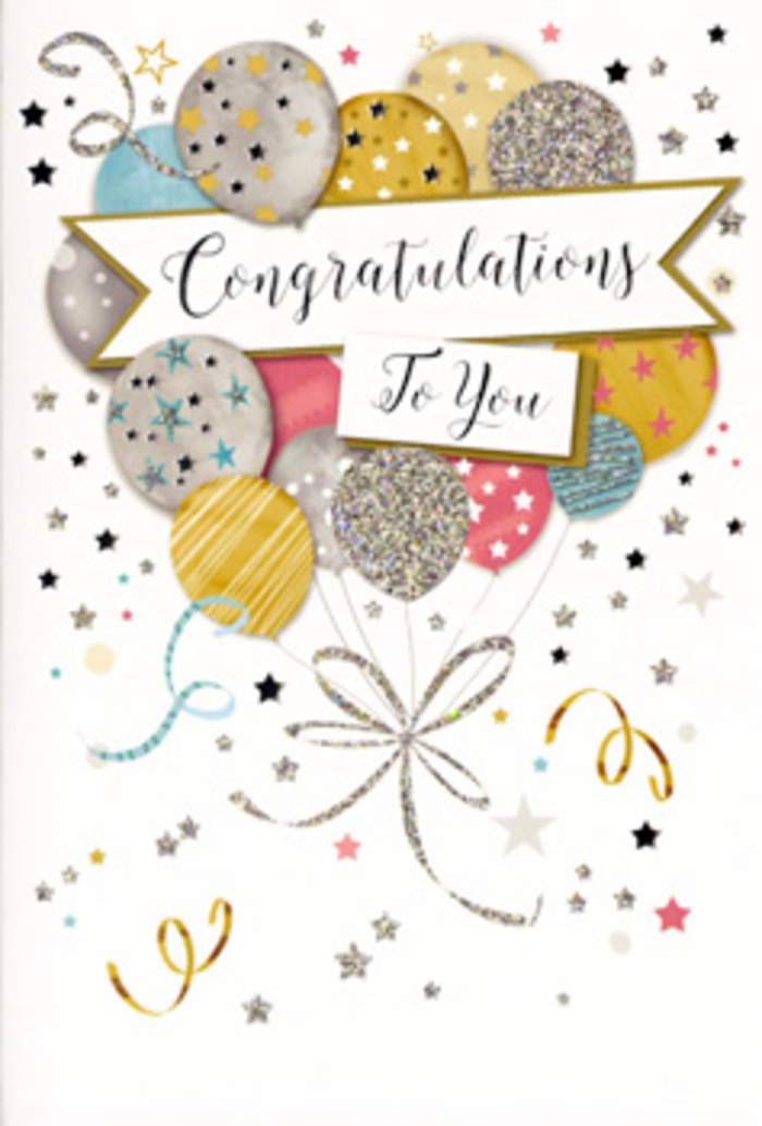 The congratulations card pictured here radiates a quiet yet unmistakable sense of celebration, reminiscent of the gentle buzz around Herne Hill when exam results or promotions are being toasted. Dominating the design is a bouquet-like cluster of balloons, gathered together much like a florist might group blooms. The balloons are round and softly shaded in tones of gold, silver, champagne, pale blue, blush pink, and soft grey, creating a harmonious palette that feels elegant rather than loud. Each balloon is adorned with its own delicate markings: some display neat metallic stripes, others are sprinkled with tiny stars or dusted with subtle glitter-style textures that seem to catch the light. From the base of the cluster, slender ribbons in shimmering gold and silver twist and coil downward, giving the impression of gentle motion, as if stirred by a breeze rolling up from Brockwell Park. Around these central elements, the light background is dotted with miniature stars, confetti-like specks, and curled lines drawn in matching metallic tones, adding sparkle without clutter. Floating across the middle is a softly curved banner, as if buoyed by the balloons themselves, bearing the message Congratulations To You in refined, flowing calligraphy. The script has an almost handwritten charm, suggesting thoughtfulness and genuine affection. The mood of the card is uplifting and proud, yet still tasteful enough to suit a wide range of occasions: from academic achievements to new jobs, promotions, or personal milestones. For a Herne Hill florist preparing a celebratory bouquet, this card would feel like the perfect finishing touch, encapsulating joy, admiration, and a hint of glamour in one elegant design.