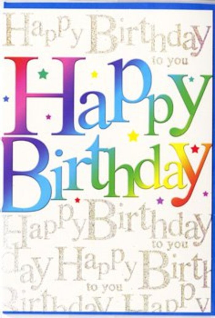 The image reveals a modern birthday card that feels like a poster for joy, the phrase Happy Birthday written large across the front in full, rounded letters that almost seem to float above the surface. Each letter is filled with a luminous rainbow gradient, starting with deep cherry and coral at one end, flowing gracefully through warm yellow and fresh lime-green, and fading into aqua, indigo, and rich plum at the other-much like the thoughtful blending of tones in a hand-crafted flower arrangement prepared for a party off Milkwood Road. The colours shift smoothly, creating a soft, cloud-like effect rather than sharp divisions, giving the card a gentle, inviting character. The backdrop is kept light and airy, predominantly white with a subtle warmth, over which a fine script in metallic gold repeats the line Happy Birthday to you in looping, cursive strokes. This script weaves across the card in neat rows, adding both texture and depth, and its metallic finish catches the light in a quiet shimmer, reminiscent of evening light reflecting on shopfront windows in Herne Hill. Around the bold central wording, a scattering of small stars, dots, and tiny confetti-like flecks in coordinating rainbow hues brings a sense of motion and spontaneity, as if the card is captured at the very moment the celebration begins. The surface appears smooth and semi-glossy, enhancing the contrast between the vivid letters and the delicate gold script. Overall, the card's design conveys a cheerful yet refined mood, the kind of birthday greeting that would sit beautifully on a mantle beside fresh blooms in a Herne Hill home, radiating colour and good wishes throughout the day.
