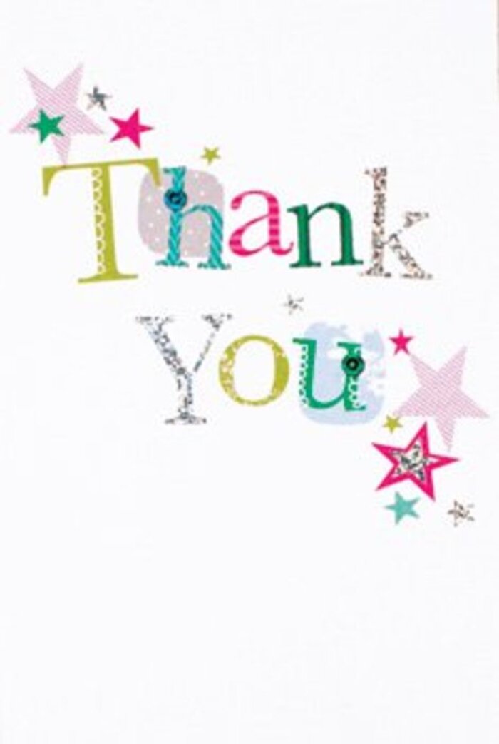 Exuding quiet exuberance, this thank you card is both modern and charming-each letter of the message alive with unique flair. Some characters bend into whimsical loops, dotted or patterned in subtle colors reminiscent of Herne Hill's independent shops; others sweep elegantly as if tracing a gentle melody. Clusters of stars-vivid with pink stripes, deep turquoise, and silver shimmer-hover near the sentiment, seeming to bless the words with extra cheer. The layout is airy, with a crisp white background illuminating every detail just as afternoon sun brightens the streets. The balance of sophistication and friendliness makes the card universally warm, suitable for any gesture of thanks throughout SE24, from neighbours to teachers. This card would be at home beside a bouquet from Flowers Herne Hill, its message of gratitude as uplifting as fresh-cut blooms carried from a local market. There is a sense of gentle celebration in its composition; the sentiment endures, as memorable as a heartfelt thanks shared over coffee on Railton Road.