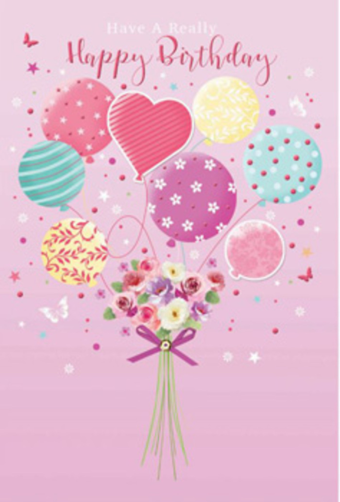Elegant yet whimsical birthday card illustration showing a floating mix of balloons and blooms, as if a bouquet from Flowers Herne Hill had taken flight above the rooftops of SE24. The scene is set against a gentle pink backdrop that feels like a calm sky at dusk, casting a warm, flattering glow over the design. At the bottom, a compact hand-tied bouquet holds the eye, brimming with small roses and daisy-like blossoms in creamy ivory, blush pink, mauve, and hints of soft lavender. Each petal is painted with delicate gradations of colour, echoing the nuanced tones you'd expect from freshly conditioned flowers carefully chosen at a local market. The stems are neatly bound by a shimmering purple satin bow whose folds catch the imagined light, suggesting the careful finishing touch of an experienced florist. From this base, delicate strings rise into a billowing canopy of pastel balloons. The balloons range from round to gently heart-shaped and come in shades of pale sunshine yellow, seafoam, rose, and lilac. Some wear candy-coloured stripes that twist upward, others are scattered with cheerful polka dots, and a few carry stylised floral and butterfly patterns that mirror the bouquet below. A central heart-shaped balloon sits like a little emblem of affection and celebration, ideal for marking a birthday filled with closeness and appreciation. Highlights and soft shadows give the balloons a glossy, almost touchable appearance, while the flowers remain softly luminous, like they're basking in natural window light from a Herne Hill home. Tiny stars and fluttering butterflies drift across the design, suggesting the gentle magic of a special day. The overall effect is of lightness, tenderness, and joy-an illustrated echo of a real bouquet-and-balloon delivery that makes the recipient feel thoroughly celebrated.