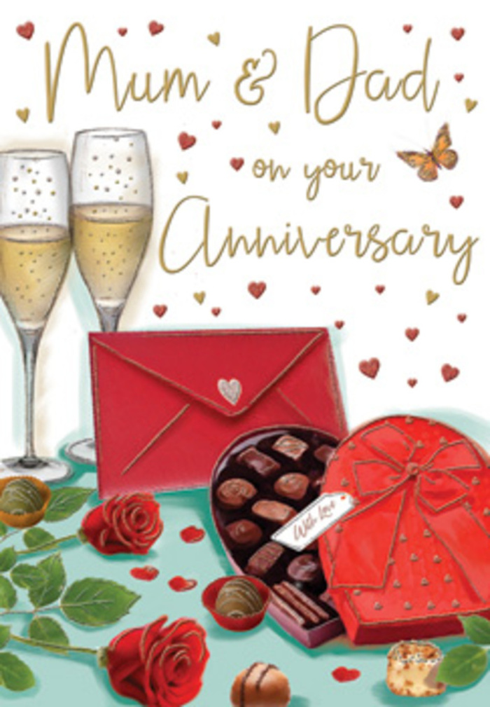 The artwork on this anniversary card creates a luxurious, heartfelt scene, as if a couple in Herne Hill has paused a special evening to savour a moment together. At the centre, two champagne flutes stand almost touching, their tall, slender shapes beautifully drawn so that the glass catches soft highlights. Inside each flute, golden champagne glows gently, speckled with rising bubbles that feel like tiny sparks of joy. To one side, two red roses curve towards the glasses, their petals richly coloured in shades of crimson and ruby, layered to appear soft and velvety, like the finest stems chosen at Flowers Herne Hill. Darker green foliage cradles the roses, adding a lush frame that enhances their romantic presence. In front, an open heart-shaped chocolate box, dressed in a vibrant red finish, is crowned with an extravagant bow whose loops and tails drape elegantly over the lid. The inside reveals a tempting assortment of chocolates, each piece shaded to show smooth surfaces and gentle highlights, suggesting creamy centres and indulgent flavours. A couple of chocolates rest outside the box, as if already shared in delighted bites. Nearby, a scarlet envelope, sealed with a tiny heart emblem, lies ready to be opened, hinting at a handwritten message filled with anniversary sentiments or words of thanks for Mum & Dad. Floating across the soft, neutral background, glimmers of gold and little crimson hearts drift like confetti, framing a hand-lettered greeting in warm, inviting script. The entire composition feels bathed in a gentle evening glow, not unlike the warm light spilling from homes along Norwood Road, and it beautifully conveys nostalgia, affection, and the quiet joy of an enduring relationship.