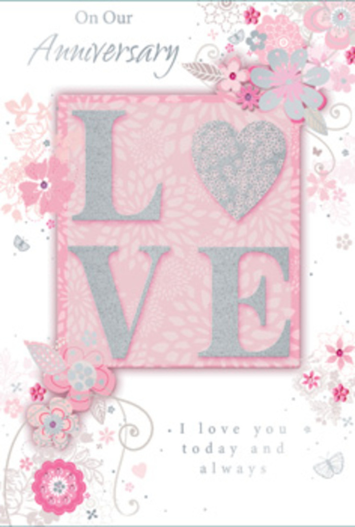 This anniversary card opens like a sunlit moment of gratitude, its design bathed in soft blush, lilac-tinged ivory, and gentle pearl that would feel at home on a windowsill overlooking Herne Hill's leafy gardens. The central motif is the word LOVE, rendered in frosted glitter that lifts from the card in a lightly raised texture. The glitter catches the light in a delicate, frosty shimmer, similar to morning sunlight on dewy petals. Touching the letters would reveal a fine, sandy grain, adding a tactile pleasure to the visual charm. Around this word, wispy hand-drawn blooms and slender sprays of leaves meander towards the card's borders. The flowers are painted in harmonious shades of pink, lilac, and creamy white, their petals overlapping in a way that recalls a hand-tied bouquet laid out on a florist's table just off Half Moon Lane, waiting to be wrapped for a surprise anniversary gesture. Along the edges, fine flourishes of filigree lines, tiny leaves, and discreet butterflies weave in and out of the floral elements, suggesting the gentle flutter of hearts and the passage of cherished years. The background is a softly muted blush tone, even and calming, providing a gentle stage for each stroke of line and colour. Nestled calmly within the design is the message I love you today and always, set in graceful, understated type that echoes the card's overall serenity. The entire presentation feels like a bouquet translated into paper: thoughtful, romantic, and quietly fragrant with sentiment, perfect for honouring daily devotion as much as the anniversary itself.