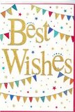 In this image, a joyful congratulations card sits against a clear white background, radiating the kind of warmth you might feel walking through Herne Hill on a bright weekend morning. At its centre, the words Best Wishes sweep across in graceful, handwritten-style script, coloured in a deep, luminous gold that glistens as though dusted with very fine glitter. The letters have a slightly embossed appearance, hinting at a pleasing texture, much like running your fingers along the ribbon of a freshly wrapped bouquet. Framing this golden message, strands of festive bunting arc along the top and bottom edges, reminiscent of colourful flags strung between buildings for a local street party off Railton Road. Each small pennant flag is painted in vivid shades-cobalt blue, cherry red, grassy green, bright yellow, and blush pink-with some decorated in delicate polka dots, others in slender stripes or tiny patterned blocks, giving each flag its own personality while still feeling part of a coherent whole. Between these curved lines of bunting, tiny star shapes and scattered confetti dots drift across the white space, suggesting the light, floating movement of paper thrown in the air at the very moment someone shares good news. The composition remains open and uncluttered, allowing the shimmering gold greeting and lively colours to stand out without overwhelming the eye. This card feels perfectly suited to accompany a florist's bouquet delivered across Herne Hill for occasions like promotions, graduations, and new beginnings, its sparkling Best Wishes capturing the simple, heartfelt joy of celebrating another person's success.