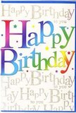 This birthday card looks like a burst of happiness ready to be propped up on a windowsill in Herne Hill, with the central phrase Happy Birthday taking pride of place in broad, curving letters that sweep across the design. Each letter glows with a rich rainbow gradient, moving from warm shades of scarlet and orange into bright yellow, soft grassy green, cool blue, and deep purple, much like the shifting colours in a vibrant mixed bouquet seen along Railton Road on a sunny morning. The gradient is smooth and velvety, giving the impression of soft brushes of colour rather than hard-edged printing. Behind this bold, colourful message, the background remains light and open, filled with slender lines of gold cursive writing that repeat Happy Birthday to you again and again. This golden script is delicate and almost musical in its rhythm, with a metallic sheen that appears to glint gently when imagined in natural light, recalling the relaxed charm of nearby Brockwell Park in late afternoon. Scattered loosely around the main text, tiny decorative elements-minuscule stars, dots, and specks in coordinating colours-add to the feeling of confetti drifting down after a celebratory toast. The card surface appears smooth with a gentle gloss, which would allow the gold elements to glimmer subtly as it is moved. Taken together, the bold rainbow letters, the whisper-soft gold script, and the playful confetti details create an impression of genuine delight and warmth, a fitting birthday card to accompany fresh flowers delivered across SE24 for someone whose presence brightens every gathering.