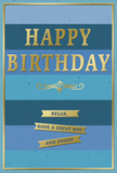 This birthday card is captured in a way that highlights its poised, tranquil character, as if it's sitting on a Herne Hill windowsill with soft daylight slipping across its surface. The background is made up of broad, horizontal stripes of blue that gently shift from a dark, confident navy at the bottom through softer denim and teal tones, finally arriving at a pale sky blue that feels as gentle as the light over Brockwell Lido on a quiet morning. In the centre, the words HAPPY BIRTHDAY stretch in embossed gold capitals, each letter precisely shaped and evenly spaced, the foil catching light so that the greeting seems to glow warmly against the cooler blues. Just below, a sophisticated golden flourish curves in a symmetrical pattern, acting as a visual bridge between the main message and the sentiment beneath. At the lower portion of the card, three slim gold banners sit one above the other, their reflective surfaces shining softly, with the reassuring phrase Relax, have a great day and enjoy! spelled out across them. The interplay between matte blue and glossy gold gives the card a tactile richness; you can almost feel the contrast between the velvety background and the smooth, raised foil. A thin gold border runs close around the edges, gathering the elements together like a frame on a favourite print found in a Norwood Road boutique. Imagined beside a fresh birthday bouquet delivered locally in Herne Hill, this card suits someone who appreciates calm, considered design and a birthday greeting that encourages them to take a breath, slow down, and relish their special day in a gentle, unhurried way.