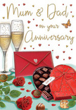 This illustrated anniversary card presents a richly detailed scene that feels like a romantic table set in a Herne Hill home after nightfall, ready for a quiet toast. Two tall, delicate champagne flutes stand close together at the centre, the clear glass illustrated with fine highlights that trace their elegant curves. Inside, soft golden champagne sparkles with tiny bubbles that rise towards the rim, capturing a sense of celebration held in a single moment. Alongside, a pair of luxuriant red roses rests on the table, their petals deeply layered and velvety, painted in rich crimson tones that recall a freshly arranged bouquet from a favourite Railton Road florist. The roses are surrounded by smooth, glossy green leaves that provide a lush, natural contrast to the gleam of glass. In the foreground, a heart-shaped box of chocolates takes pride of place, its bright red surface tied with a full, dramatic satin bow. The box is open, revealing neatly arranged chocolates of different shapes, each one subtly shaded to suggest a soft, indulgent texture. A few stray chocolates lie scattered, hinting that the tasting has already begun. Nearby, a scarlet envelope, finished with a tiny heart seal, lies waiting to be opened, hinting at a heartfelt letter or anniversary card written with love, perhaps addressed to Mum & Dad. Across the gentle background, golden and crimson hearts float and swirl, framing a hand-lettered greeting that brings warmth and playfulness to the design. The whole composition glows with soft, ambient light, reminiscent of an evening near Brockwell Park, and it radiates comfort, romance, and the enduring sweetness of a shared life.